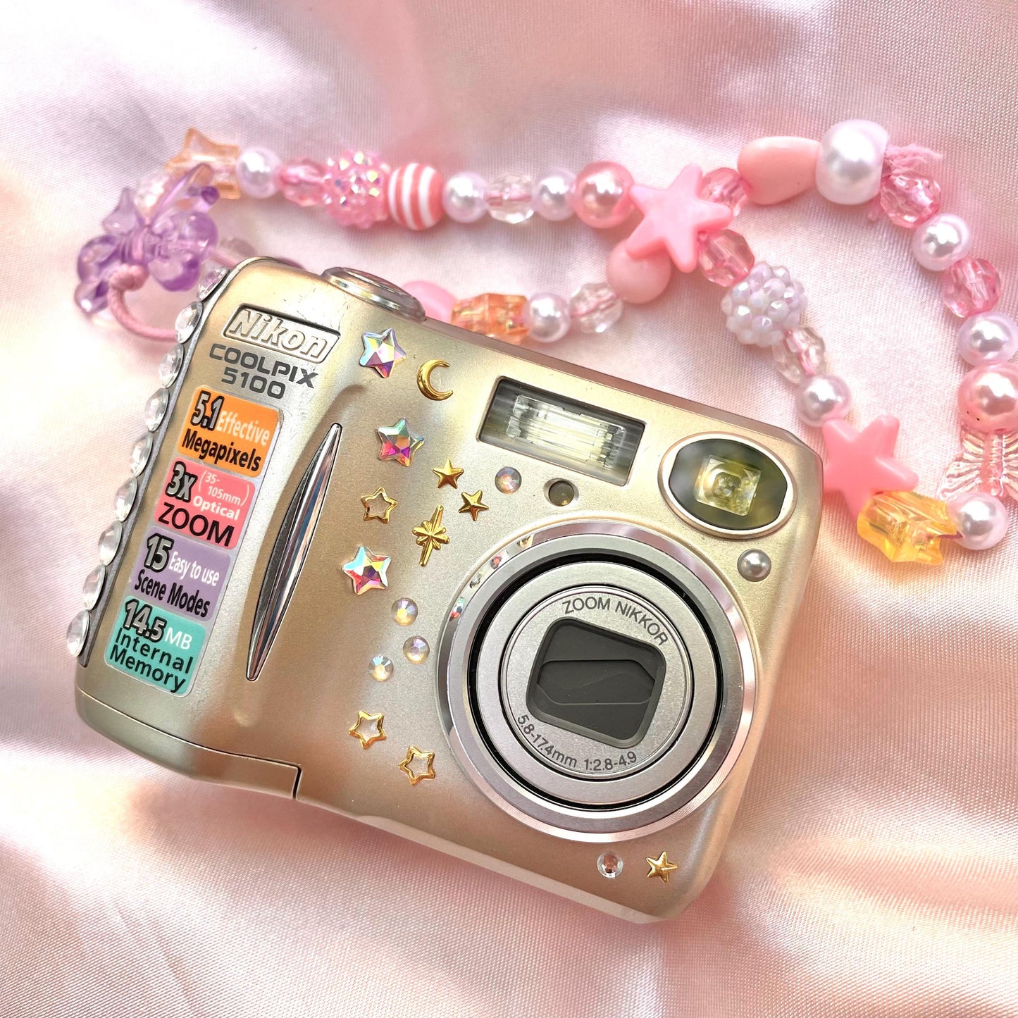 Geniune Nikon Coolpix E5100 cute y2k aesthetic bejewelled digicam with beaded strap PreOwned