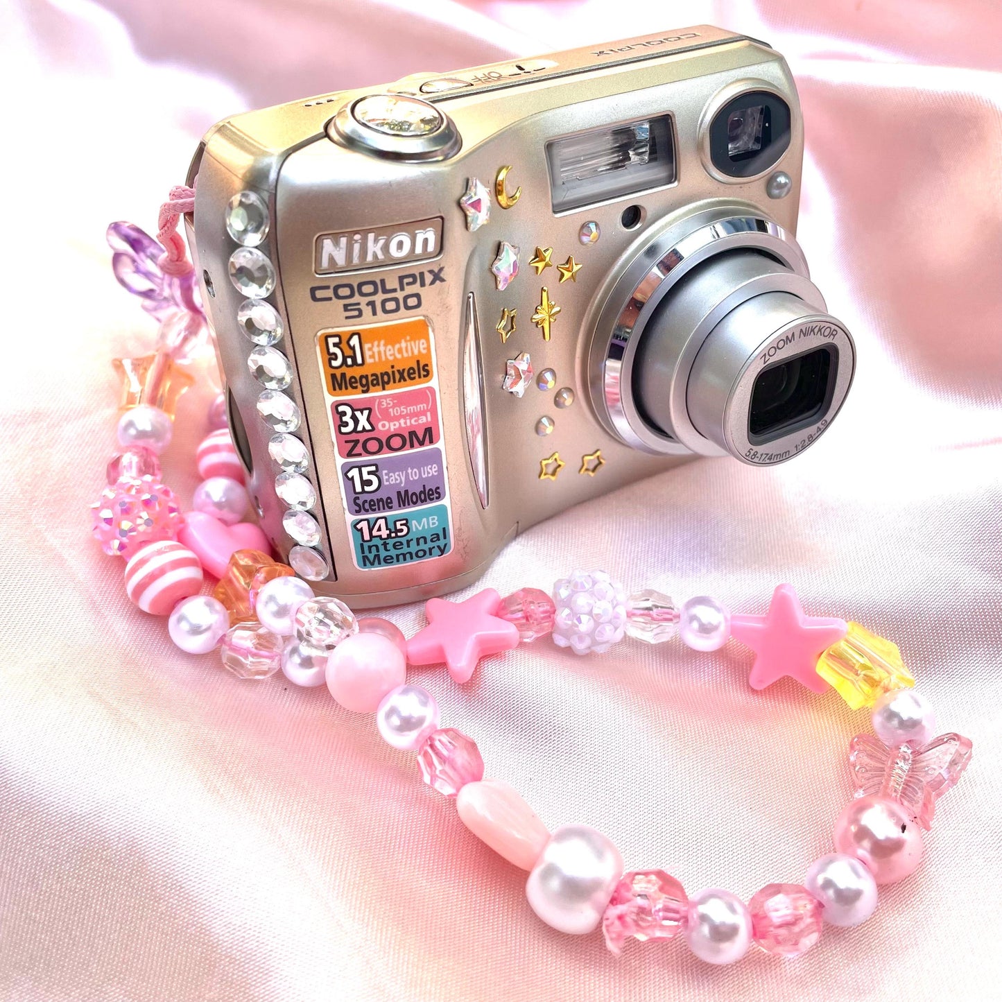 Geniune Nikon Coolpix E5100 cute y2k aesthetic bejewelled digicam with beaded strap PreOwned